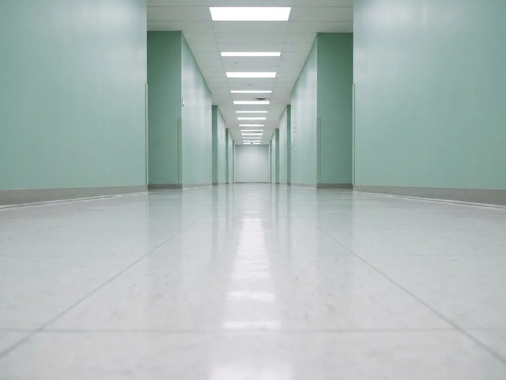 Langer, leerer Krankenhausflur mit glänzendem weißem Linoleumboden, mintgrünen Wänden und fluoreszierender Deckenbeleuchtung.