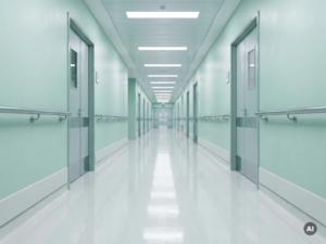 Leerer Krankenhausflur mit glänzendem weißem Linoleumboden, mintgrünen Wänden und fluoreszierender Beleuchtung in linearer Perspektive.