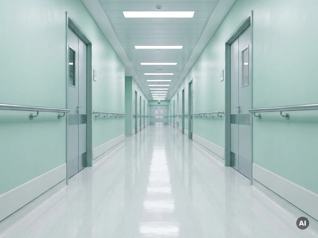 Leerer Krankenhausflur mit glänzendem weißem Linoleumboden, mintgrünen Wänden und fluoreszierender Beleuchtung in linearer Perspektive.