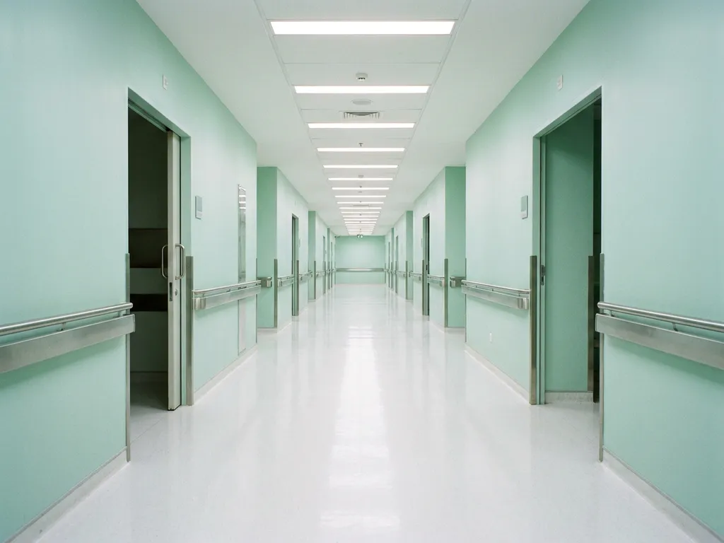 Langer Krankenhausflur mit polierten weißen Böden, mintgrünen Wänden und fluoreszierender Deckenbeleuchtung in symmetrischer Perspektive.