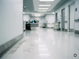 Langer Krankenhausflur mit weißen Bodenfliesen und Neonbeleuchtung, leichte Schmutzspuren an der Wand deuten auf Reinigungsbedarf hin.