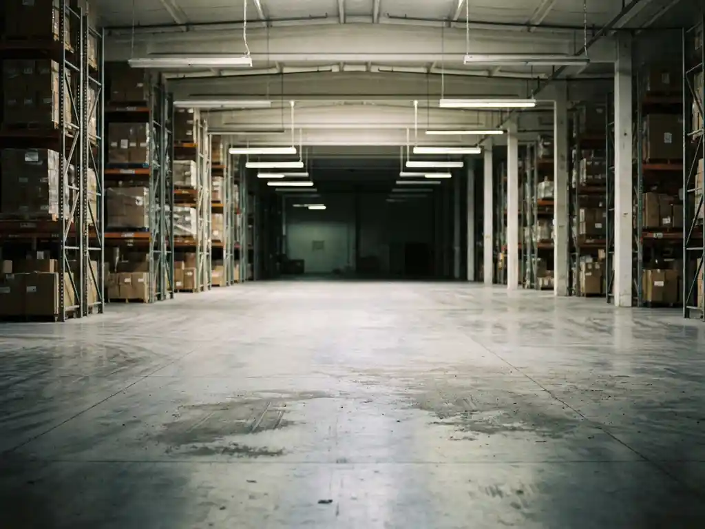 Weitläufiges Lagerhaus mit Betonboden, hohen Stahlregalen und industrieller Deckenbeleuchtung, die lange Schatten wirft.