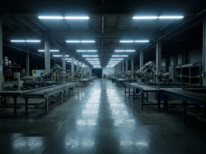 Leere Produktionshalle mit ruhenden Förderbändern, blau-weißem Industrielicht und poliertem Betonboden in kühler Atmosphäre.