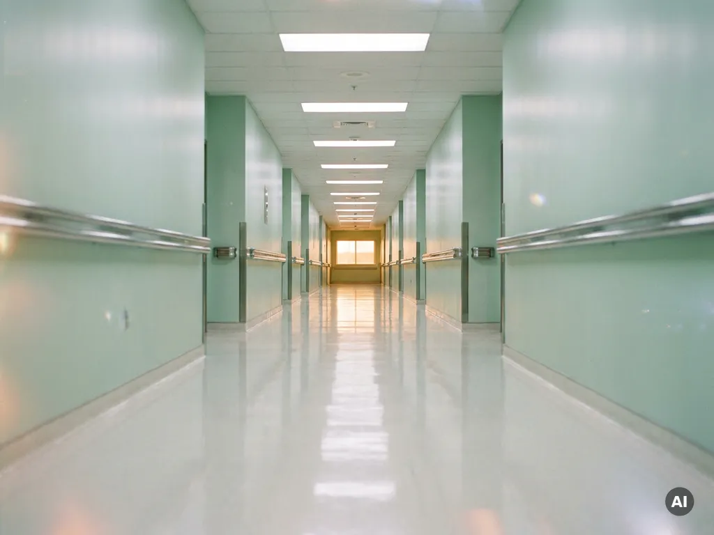 Leerer Krankenhausflur mit glänzendem Linoleum, mintgrünen Wänden und Chromhandläufen unter fluoreszierendem Licht.