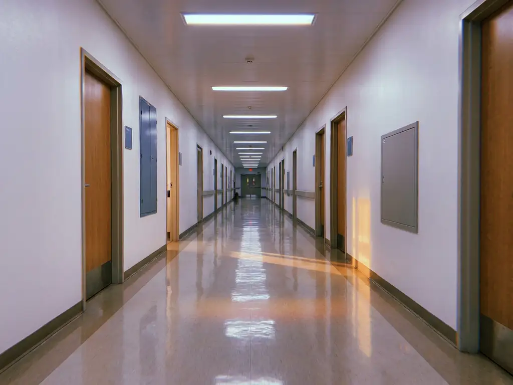 Leerer Krankenhausflur mit glänzendem Boden, weißen Wänden und fluoreszierendem Licht, das in die Tiefe führt.