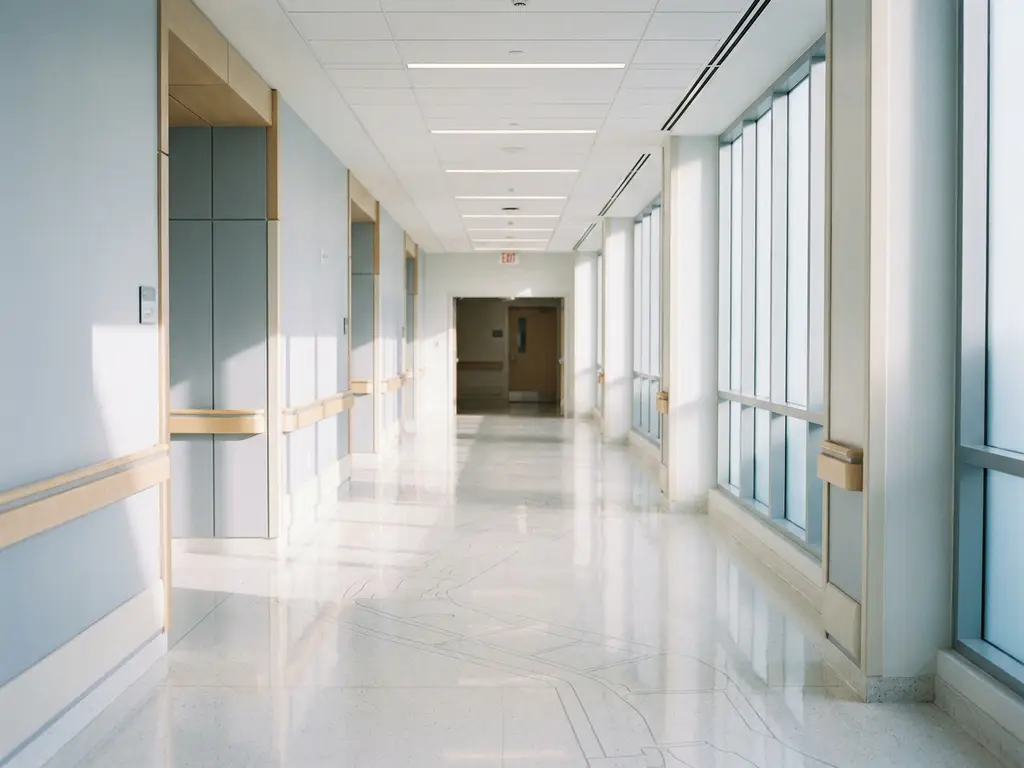 Leerer Krankenhausflur mit glänzendem weißem Boden und heller klinischer Deckenbeleuchtung, die in die Tiefe führt.