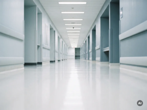 Leerer Krankenhausflur mit glänzendem Linoleumboden und Neonbeleuchtung, sterile weiß-graue Atmosphäre aus Bodenperspektive.