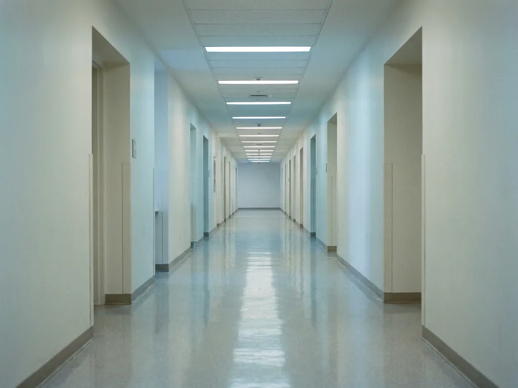 Leerer Krankenhausflur mit poliertem Linoleumboden und fluoreszierendem Licht, der in der Perspektive zu einem Fluchtpunkt führt.