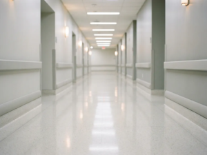 Leerer Krankenhausflur mit glänzendem weißen Boden, Neonbeleuchtung und klinisch sauberen Wänden in kühlen Grau- und Weißtönen.