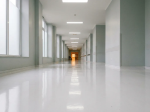 Leerer Krankenhausflur mit glänzendem weißem Epoxidboden, grauen Wänden und warmem Licht am Ende des Ganges.