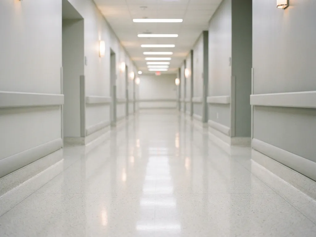 Leerer Krankenhausflur mit glänzendem weißen Boden, Neonbeleuchtung und klinisch sauberen Wänden in kühlen Grau- und Weißtönen.