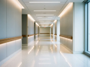 Leerer moderner Krankenhausflur mit glänzendem weißem Boden und fluoreszierender Deckenbeleuchtung in kühlen Grau- und Weißtönen.