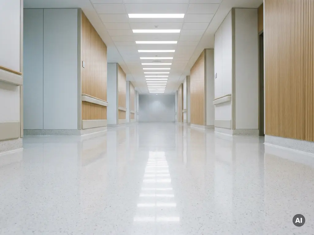 Leerer moderner Krankenhausflur mit poliertem weißem Boden und Neonbeleuchtung, die sich in der Ferne verliert.