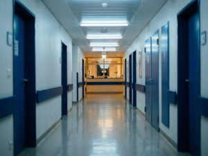 Leerer Krankenhausflur bei Nacht mit poliertem Linoleumboden, fluoreszierendem Licht und warmem Schein eines entfernten Schwesternstützpunkts.