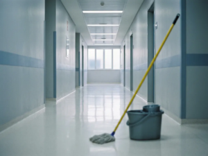 Verlassener Krankenhausflur mit glänzendem Linoleum, Putzwagen und Eimer, fluoreszierender Deckenbeleuchtung und klinisch weißen Wänden.