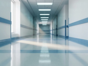 Leerer Krankenhausflur mit poliertem Linoleumboden, fluoreszierendem Licht und sterilen weißen Wänden in klinischer Atmosphäre.