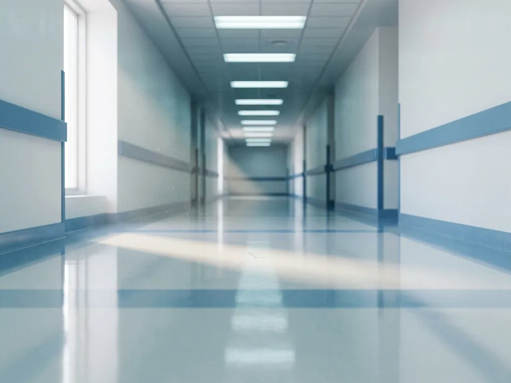 Leerer Krankenhausflur mit poliertem Linoleumboden, fluoreszierendem Licht und sterilen weißen Wänden in klinischer Atmosphäre.