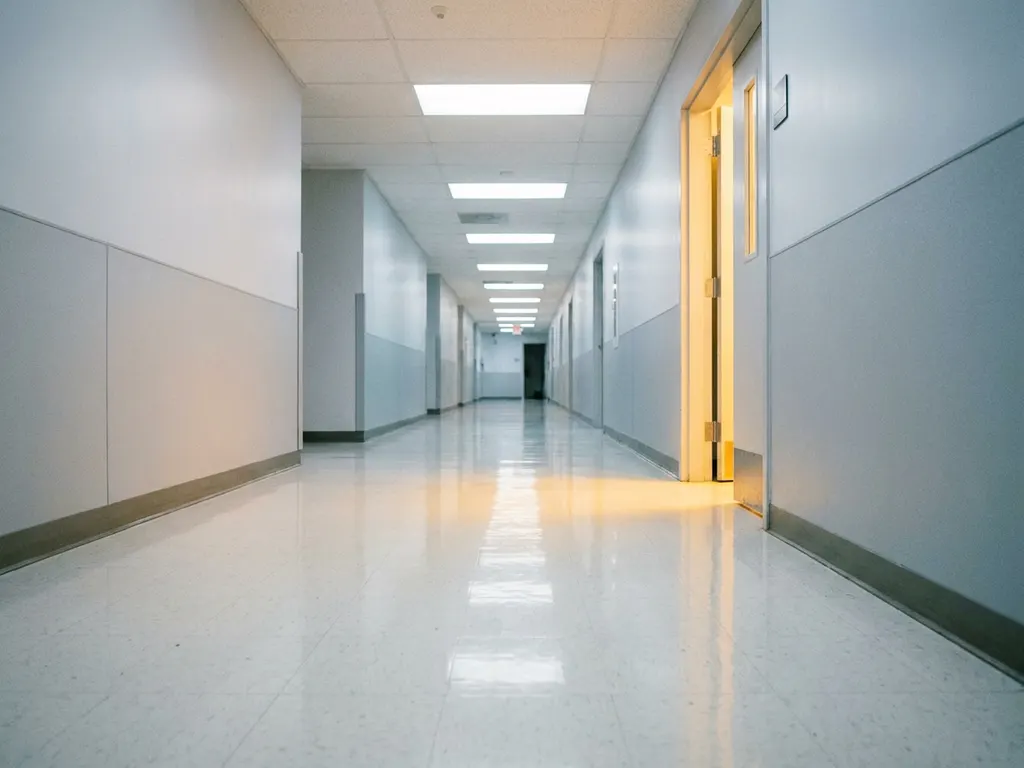 Leerer Krankenhausflur mit glänzendem weißen Boden und Fluchtpunkt-Perspektive unter fluoreszierendem Deckenlicht.