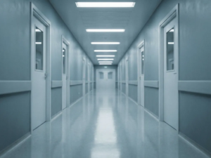 Leerer Krankenhausflur mit glänzendem Linoleumboden unter fluoreszierendem Licht, sterile weiße Wände mit geschlossenen Türen.