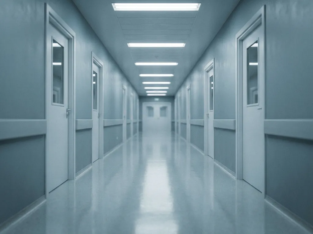 Leerer Krankenhausflur mit glänzendem Linoleumboden unter fluoreszierendem Licht, sterile weiße Wände mit geschlossenen Türen.