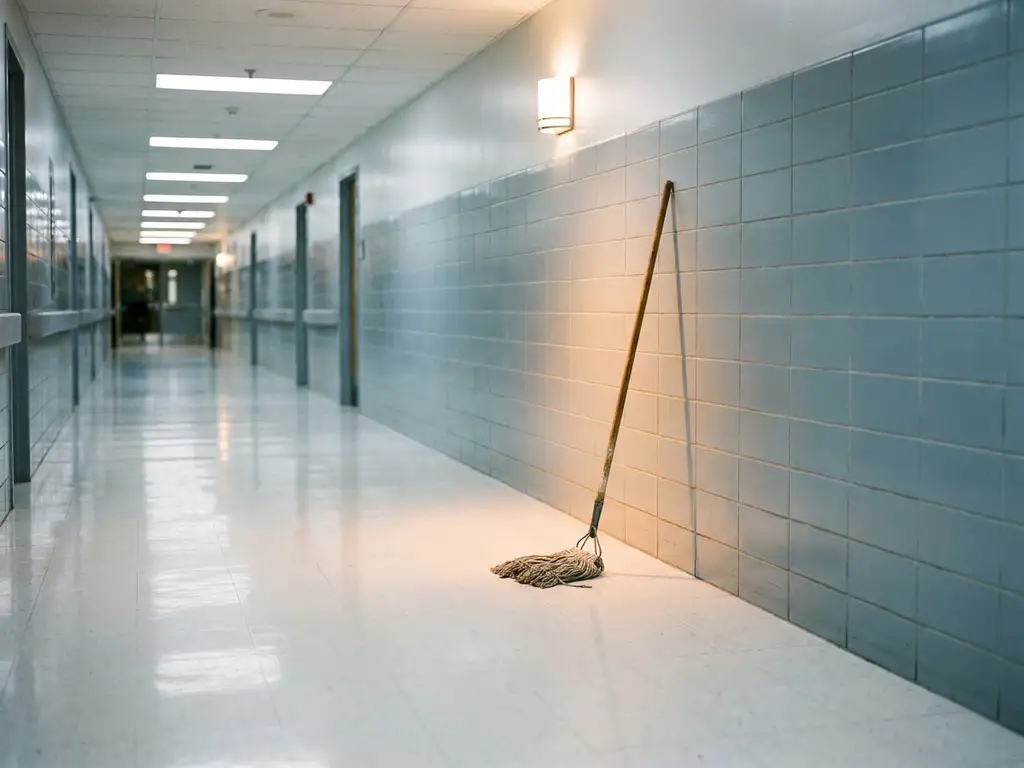 Leerer Krankenhausflur mit glänzendem weißem Boden und Neonlicht, ein einzelner Wischmopp lehnt verlassen an der Wand.