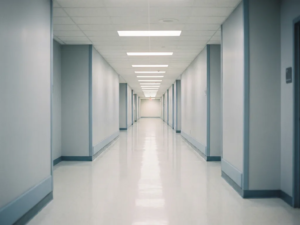Leerer Krankenhausflur mit glänzendem Linoleumboden und Neonbeleuchtung, die sich in der Tiefe des Raumes verliert.