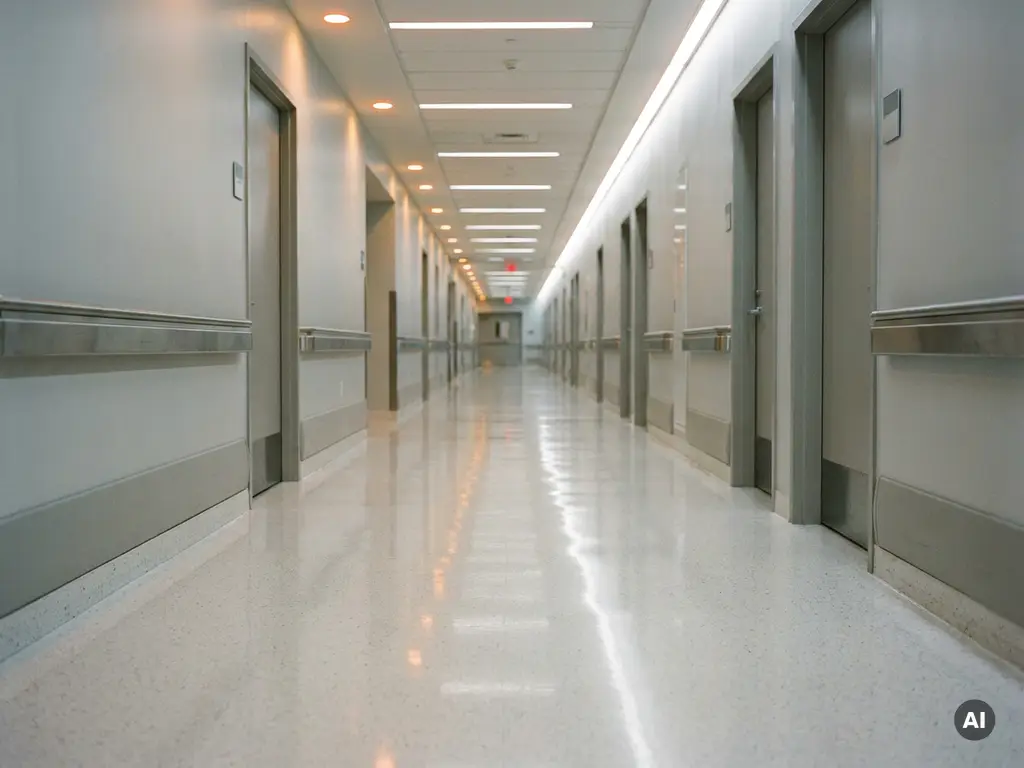 Leerer Krankenhausflur mit glänzendem weißem Boden, fluoreszierender Deckenbeleuchtung und symmetrischer Architektur in kühlen Grau- und Weißtönen.