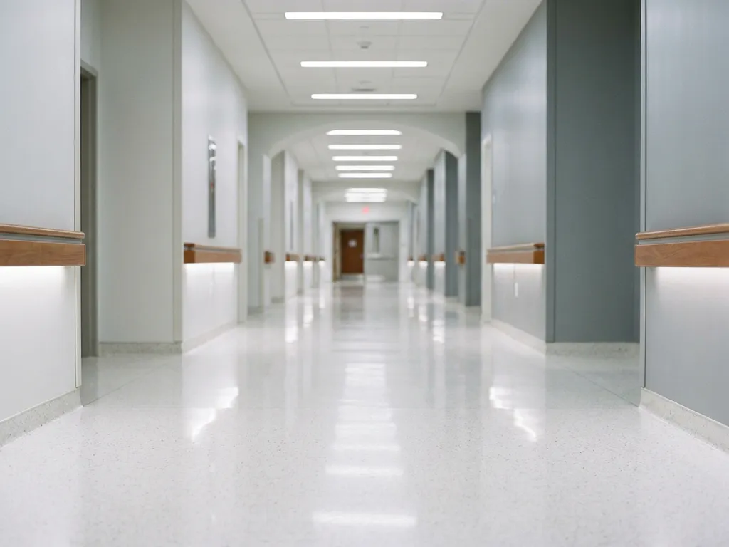 Leerer Krankenhausflur mit glänzendem weißem Boden und Neonbeleuchtung, die sich in kühlen Grau- und Weißtönen in die Tiefe erstreckt.