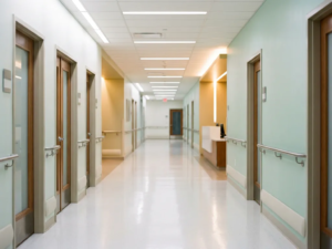 Leerer Krankenhausflur mit glänzendem Linoleumboden, mintgrünen Wänden und Chromhandläufen unter fluoreszierendem Licht.