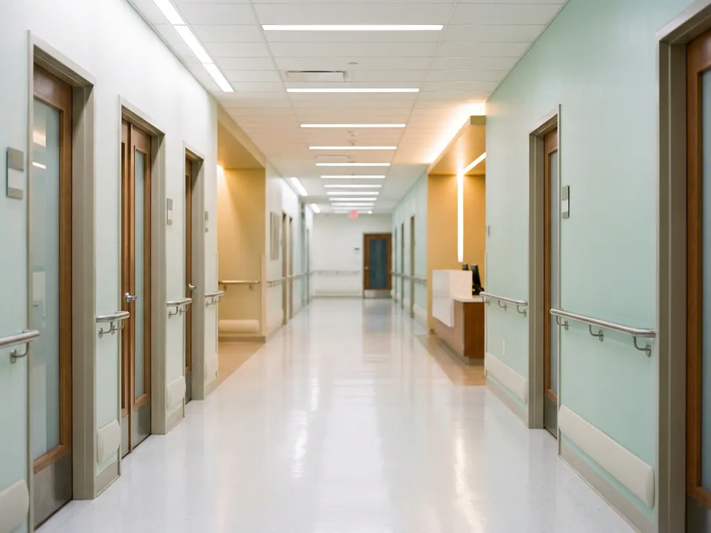 Leerer Krankenhausflur mit glänzendem Linoleumboden, mintgrünen Wänden und Chromhandläufen unter fluoreszierendem Licht.