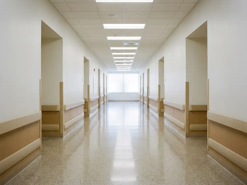 Leerer Krankenhausflur mit glänzendem Boden, der Neonlichter spiegelt, und weißen Wänden, die in heller Unschärfe verschwinden.
