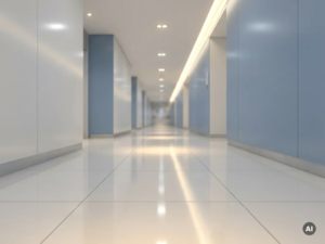 Leerer Krankenhausflur mit glänzendem weißem Boden und klinischer Deckenbeleuchtung in modernem Krankenhaus.