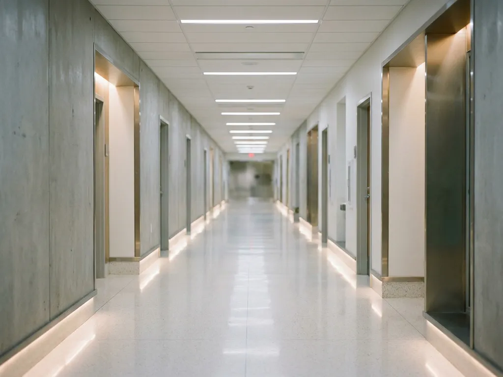 Leerer Krankenhausflur mit glänzendem weißen Boden und Neonbeleuchtung, der sich in kühlen Grau- und Weißtönen in die Tiefe erstreckt.
