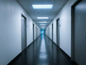Leerer Krankenhausflur bei Nacht mit poliertem Linoleumboden, der kühles Deckenlicht reflektiert, und Türen beidseitig im Fluchtpunkt.