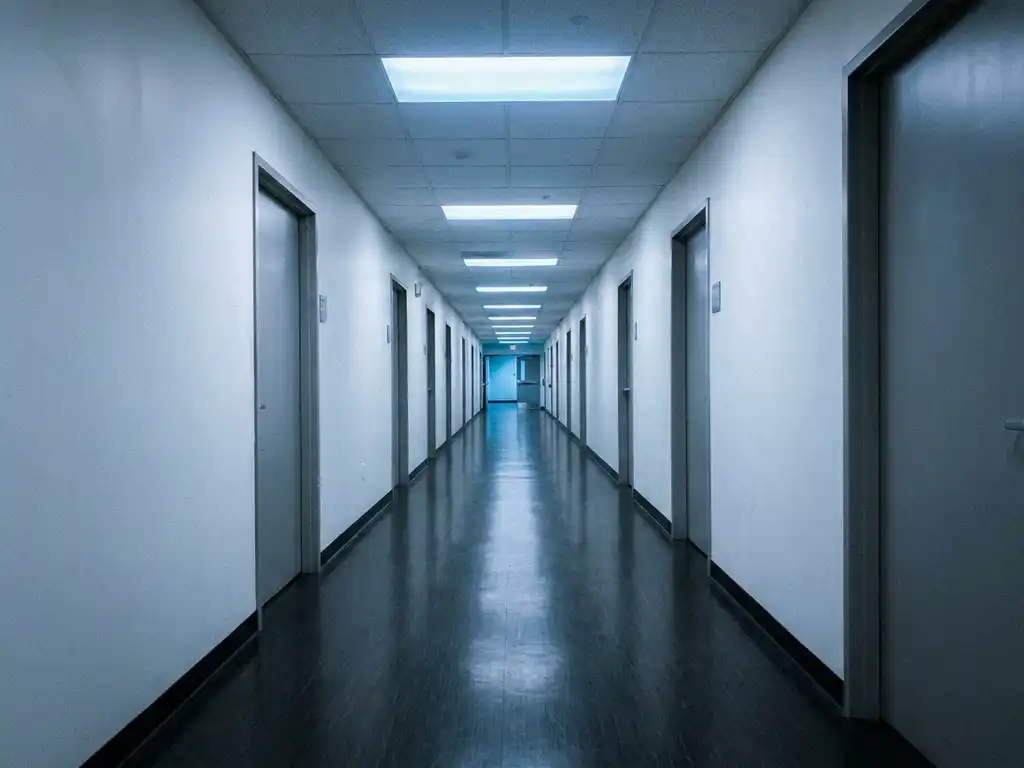 Leerer Krankenhausflur bei Nacht mit poliertem Linoleumboden, der kühles Deckenlicht reflektiert, und Türen beidseitig im Fluchtpunkt.