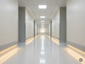Leerer Krankenhausflur mit glänzendem weißem Epoxidboden und Neonlicht in tiefer Fluchtpunktperspektive.
