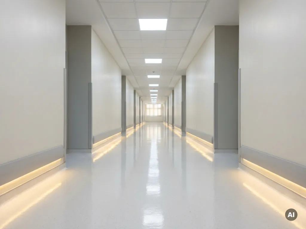 Leerer Krankenhausflur mit glänzendem weißem Epoxidboden und Neonlicht in tiefer Fluchtpunktperspektive.