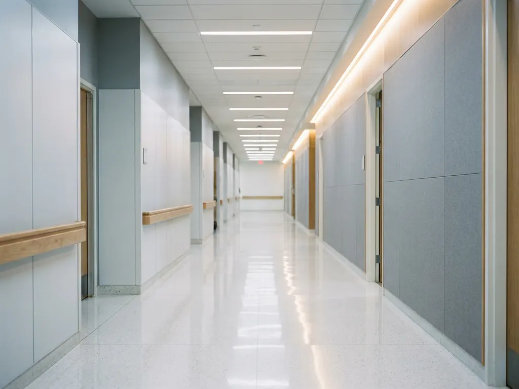 Leerer Krankenhausflur mit glänzendem weißem Boden, der Neonlichter spiegelt, und klinisch weißen Wänden in der Tiefe.