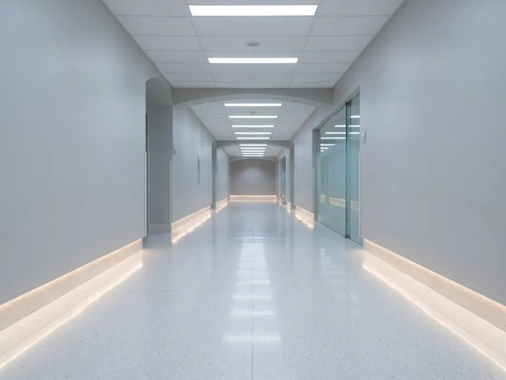 Leerer Krankenhausflur mit glänzendem weißem Boden, der fluoreszierendes Deckenlicht reflektiert, in kühlen Weiß- und Grautönen.