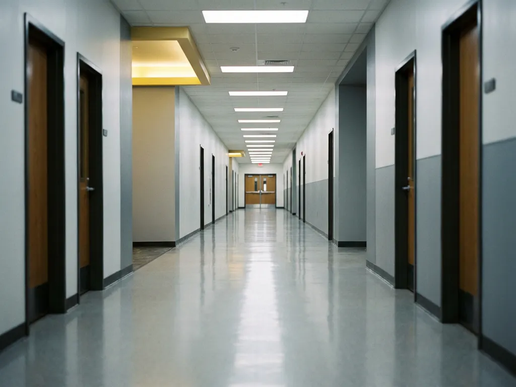 Leerer Schulflur mit glänzendem Linoleumboden, fluoreszierender Deckenbeleuchtung und geschlossenen Klassenzimmertüren in kühlen Grau-Weiß-Tönen.