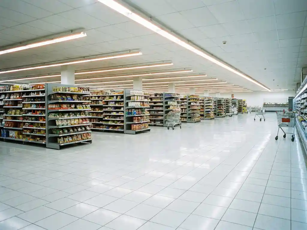 Leerer Supermarktgang mit glänzendem weißen Fliesenboden, Einkaufswagen im Hintergrund und hellem Neonlicht.