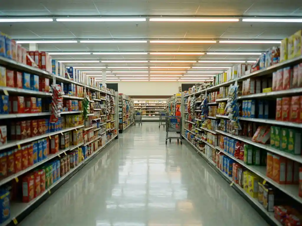 Leerer Supermarktgang mit glänzendem Linoleumboden, bunten Produktregalen und Einkaufswagen im Hintergrund unter hellem Neonlicht.