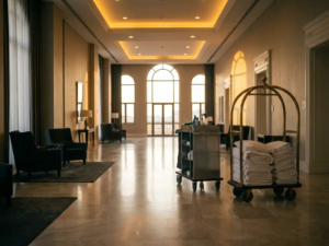 Leeres Hotelfoyer in der goldenen Stunde mit verlassenem Reinigungswagen, weißen Laken und glänzendem Marmorboden.