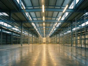 Leeres Industrielager mit polierten Betonböden, hohen Stahlträgern und hellen Deckenlichtern zwischen weitläufigen Metallregalen.
