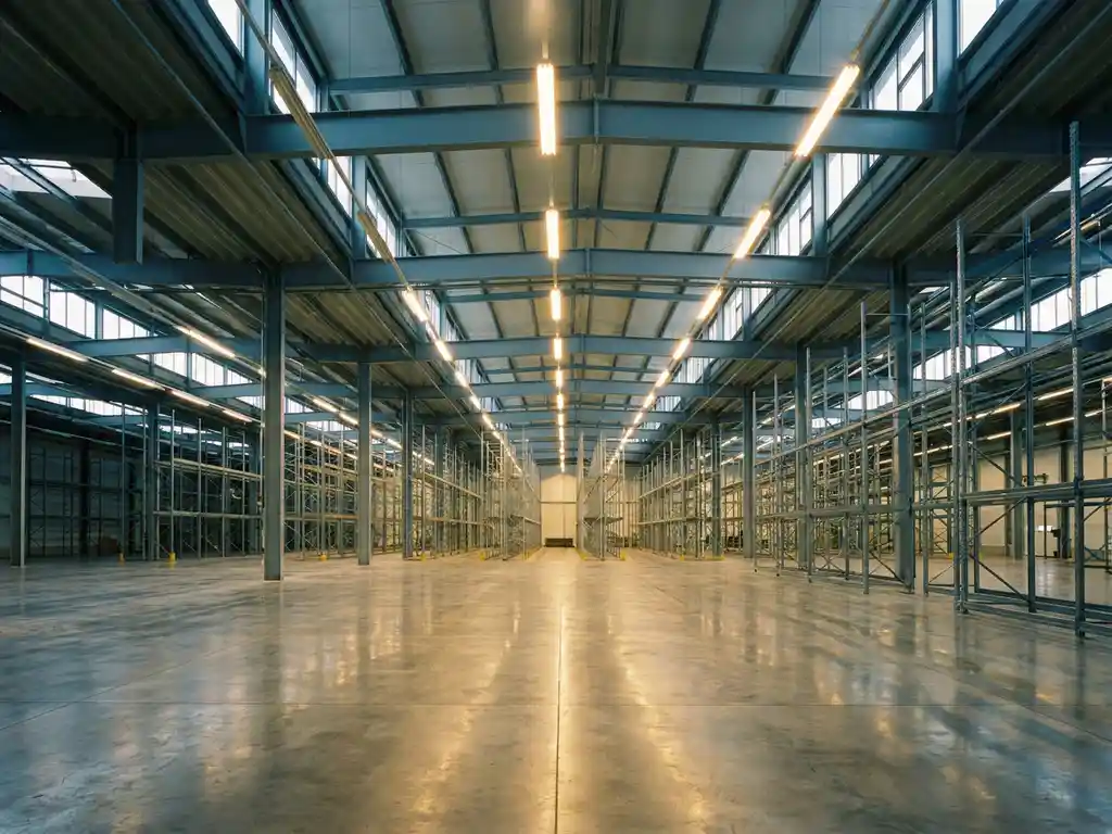 Leeres Industrielager mit polierten Betonböden, hohen Stahlträgern und hellen Deckenlichtern zwischen weitläufigen Metallregalen.