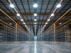 Leeres Lagerhaus mit Betonboden, hohen Stahlregalen und industrieller Deckenbeleuchtung in modernem Logistikzentrum.