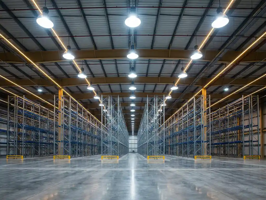 Leeres Lagerhaus mit Betonboden, hohen Stahlregalen und industrieller Deckenbeleuchtung in modernem Logistikzentrum.