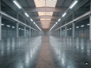 Leere moderne Lagerhalle mit poliertem Betonboden, weißen Industrieträgern und Deckenleuchten, die in die Tiefe führen.