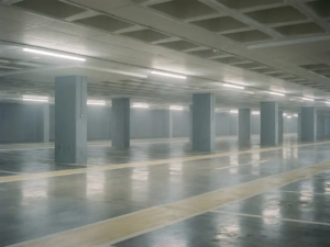 Leeres modernes Parkhaus mit Betonboden, Fahrbahnmarkierungen und fluoreszierenden Deckenleuchten zwischen Betonstützen.