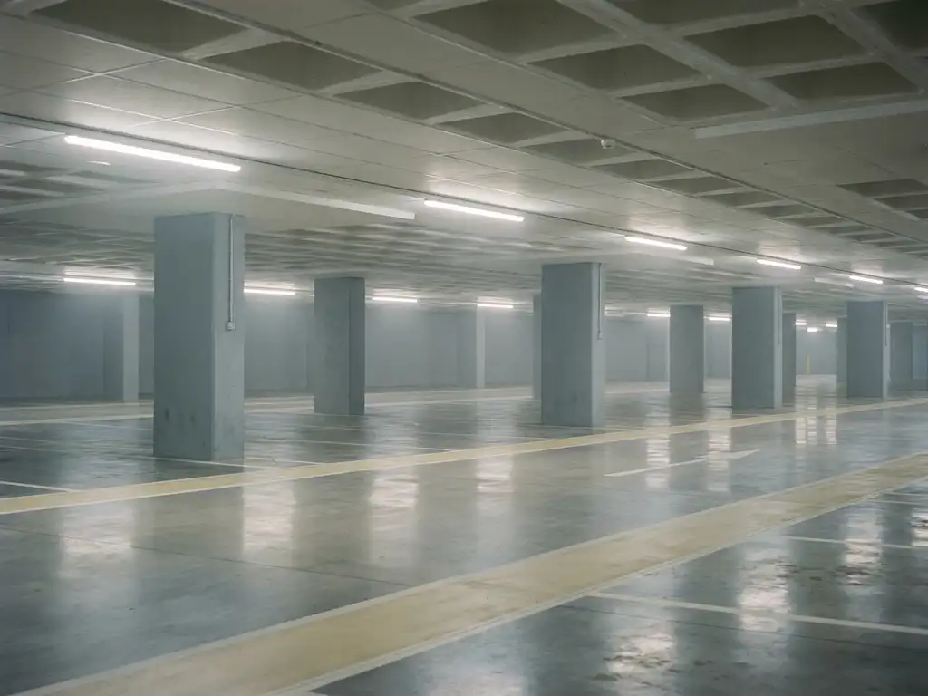 Leeres modernes Parkhaus mit Betonboden, Fahrbahnmarkierungen und fluoreszierenden Deckenleuchten zwischen Betonstützen.
